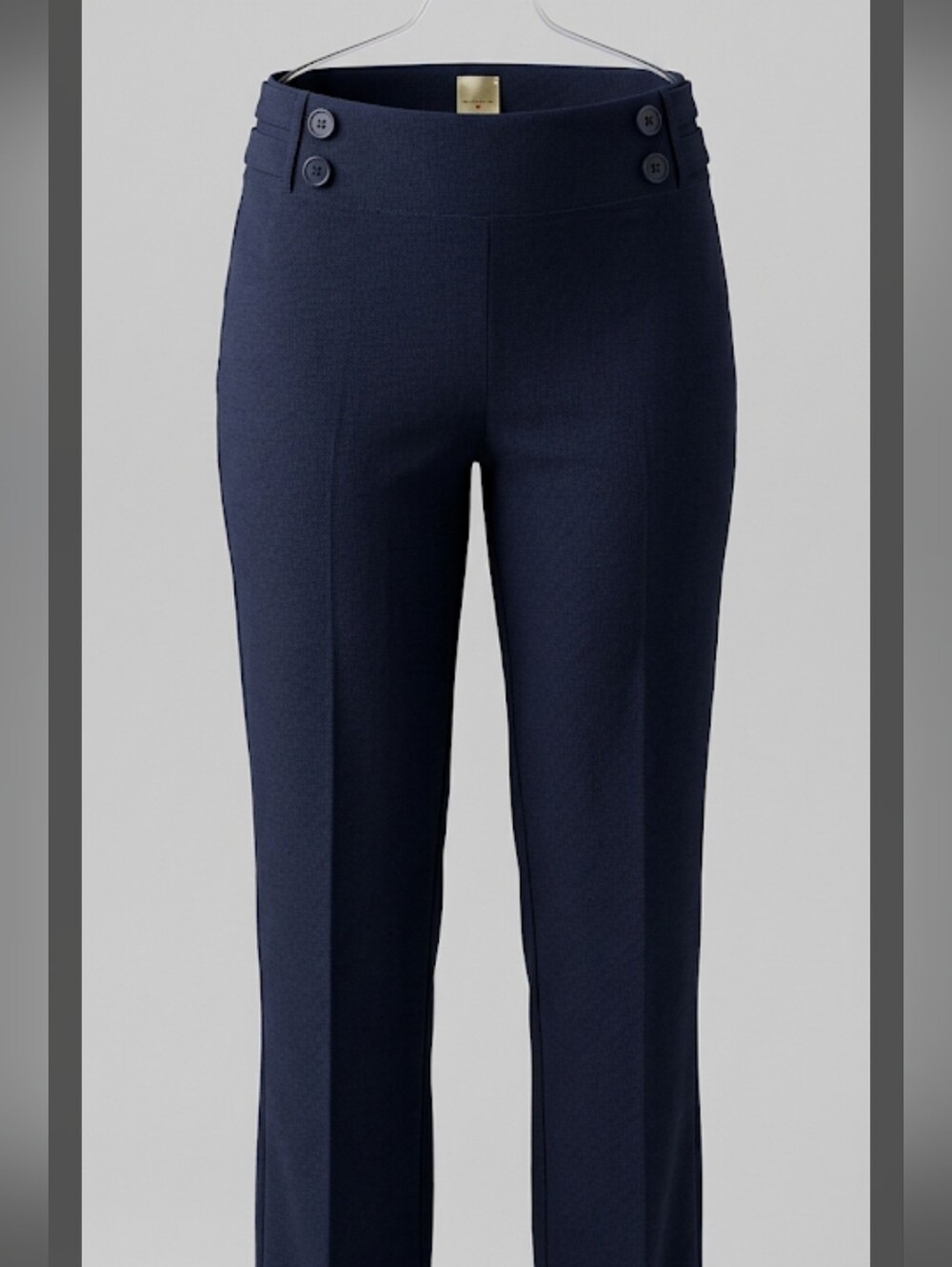 High-Waist Pull On Navy Blue Trousers Side Button Detail Size 2X Stretch Fabric